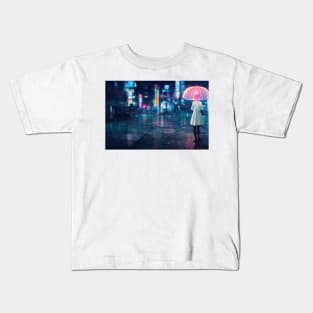 Girl walks at Asian city, Girl walks at cyberpunk city ,Girl walks at rain in city Kids T-Shirt